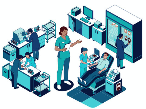 Medical professionals collaborating in a blood donation and processing facility