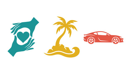 Heart hands palm tree red sports car icons vacation icons vector graphics hand holding heart luxury car icon © Bishal