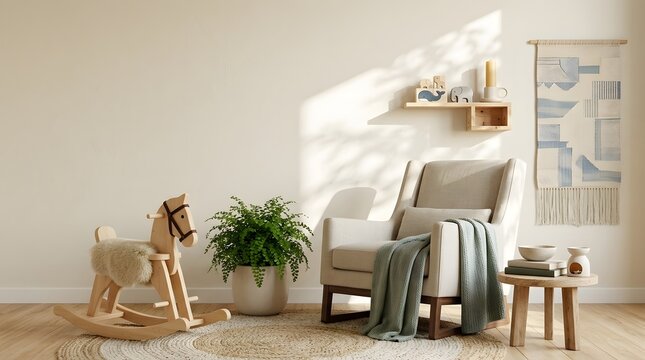 Nursery room corner showcases a comfortable armchair with a blue throw blanket, a classic wooden rocking horse, and a green houseplant against a white wall.