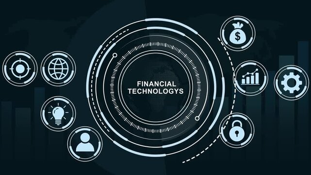 Dynamic financial technology hud interface featuring animated digital global cryptocurrency growth charts, secure banking security shields, and futuristic data processing for corporate presentations
