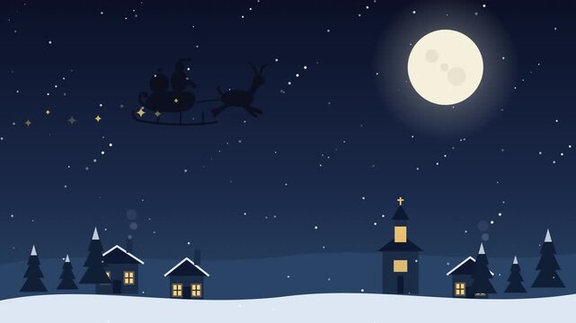 A festive vector illustration of Santa flying over a snowy village at night