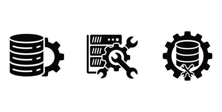 Database server maintenance and data storage icons with gear and wrench tools isolated on transparent background