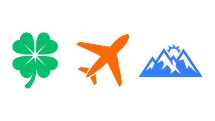 Four-leaf clover airplane mountain landscape symbols for travel luck adventure themes with adventure theme graphics © Ditu Roy