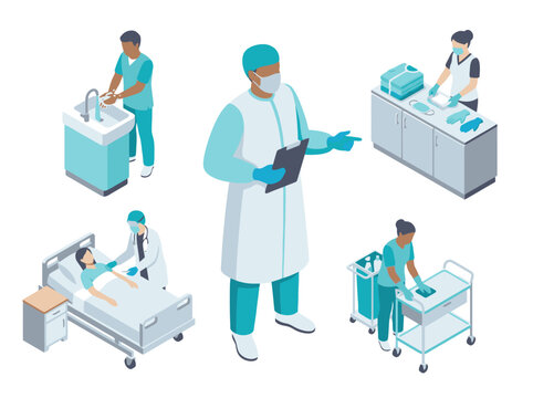 Medical team following hospital infection control and patient care protocols