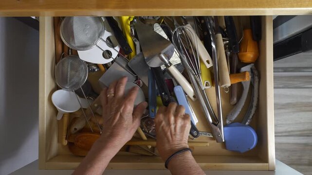 A woman looking for a kitchen utensil in a cluttered drawer