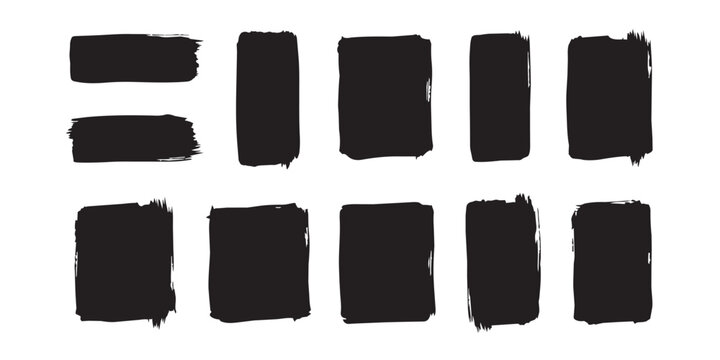 Black Ink Brush Stroke Frames Set, Grunge Rectangle Text Box Elements Vector Isolated on White Background