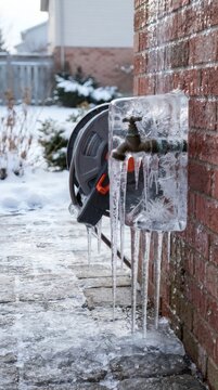 Frozen Garden Faucet with Icicles on Brick Wall