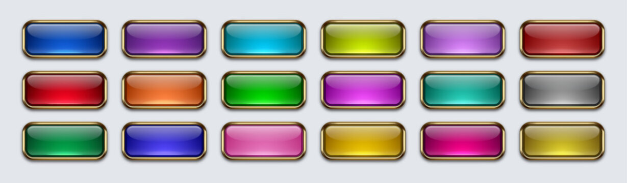 Glossy Colorful Rectangular Web Buttons Set with Gold Border Frame for UI UX Game Interface, Editable AI file