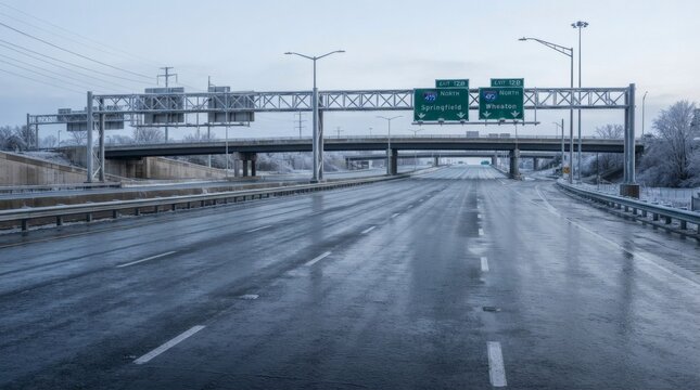 Empty highway interchange on a cold winter day