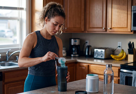 Young woman preparing pre-workout supplement powder in shaker bottle in kitchen