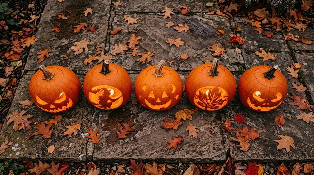 Five carved halloween pumpkins arranged in a row on a stone path with autumn leaves