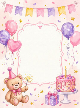 Watercolor birthday invitation with teddy bear, balloons and cake