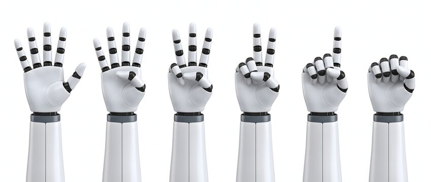 Robot hands counting numbers from zero to five, white background.