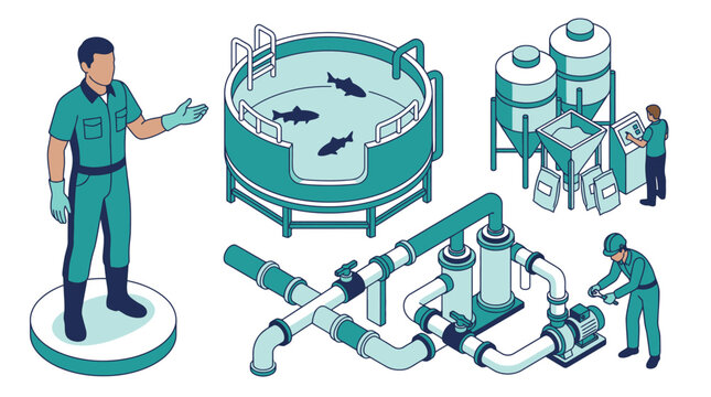 Water Treatment Facility Process with Industrial Workers and Equipment