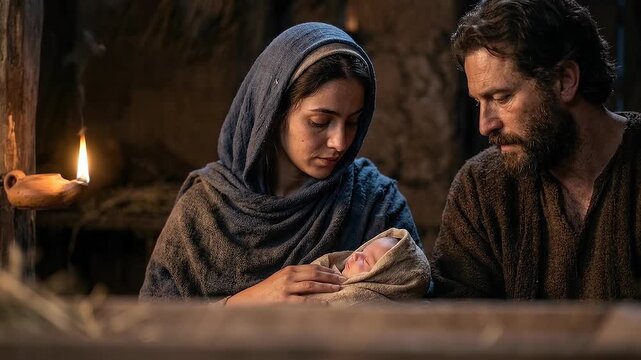 Mary and Joseph Tenderly Holding the Newborn Baby Jesus in a Humble Stable in Bethlehem, Intimate Biblical Nativity Scene of the Holy Family Celebrating the Birth of Christ
