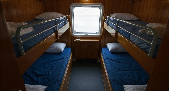 Interior of a cozy ship cabin featuring wooden walls and two sets of bunk beds with blue sheets and white pillows, arranged symmetrically around a central window looking out to a bright exterior.