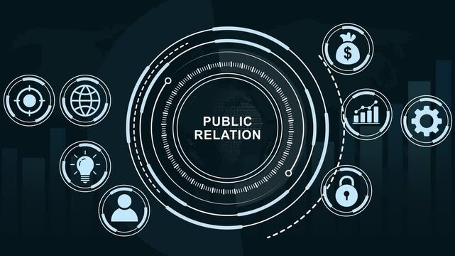 Dynamic public relations digital interface featuring animated infographic global business communication network, corporate marketing strategy, branding concept, and data analytics motion