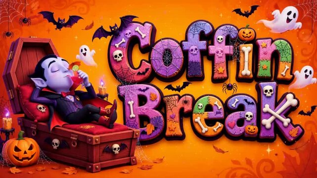 Vampire resting inside a wooden coffin with decorative text on an orange background.