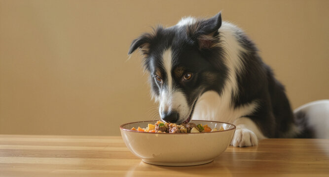 A clever border collie dog smelling a ceramic bowl filled with delicious homemade food containing meat and vegetables on a wooden table, celebrating the National Cook For Your Pets Day concept.