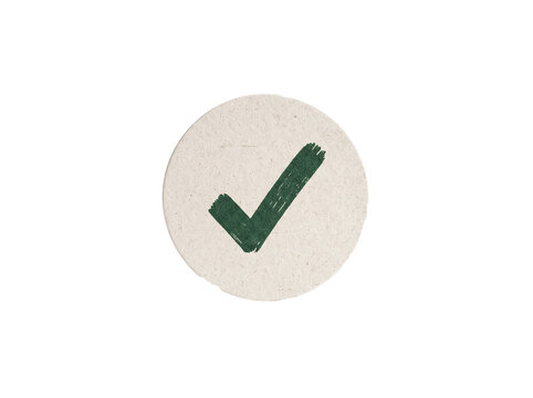 Green check mark symbol on a round textured paper badge isolated on transparent background