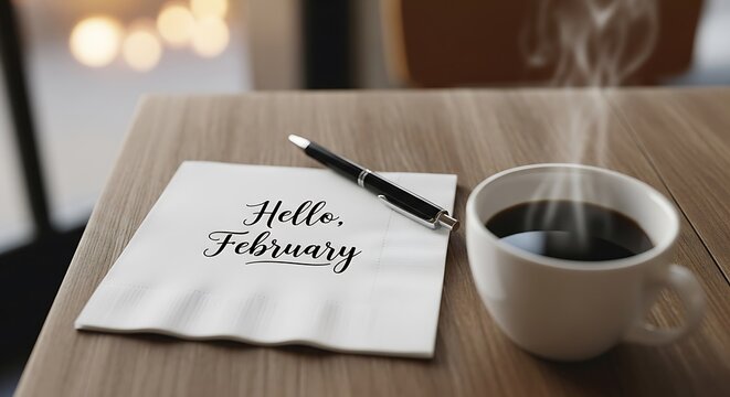 Notepad with hello february greeting next to toilet in bathroom