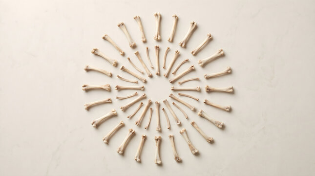 A neat circular arrangement of chicken bone calcium pieces isolated on a neutral background for science
