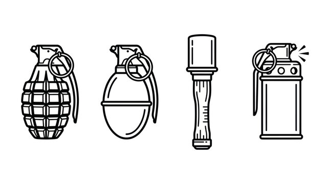 Set of outline style hand grenade icons, military weapons and explosive devices for design