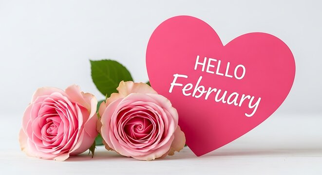 Pink heart greeting card with hello february and roses