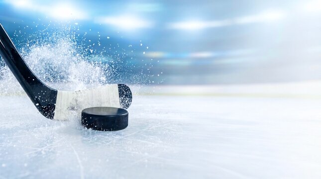 Ice hockey stick controlling a black puck with dynamic ice splash on a bright stadium rink background