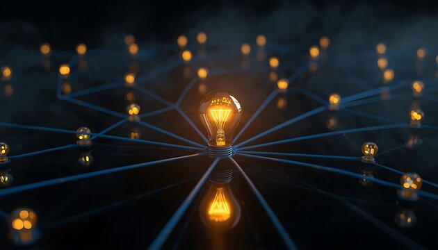Connected ideas forming a network with bright light bulb innovation.