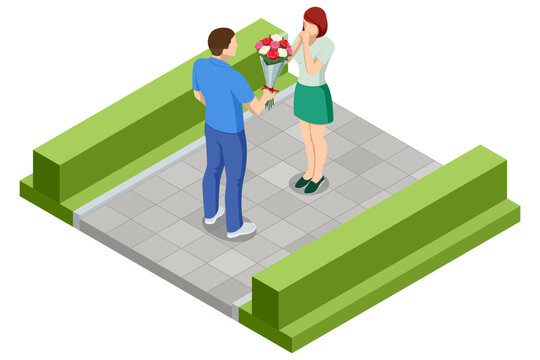 Isometric man giving flower bouquet to woman on romantic date