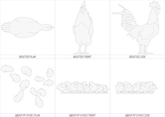 Farm Rooster and Group of Chicks CAD Blocks in Top Plan, Front, and Side Elevations © studio XL