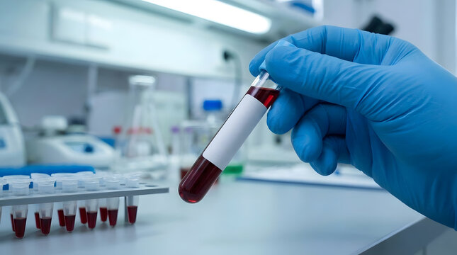 Medical Lab Technician Holding Blood Test Tube in Blue Gloved Hand | Close Up of Scientist Holding Sample Tube in Laboratory | Blood Sample Testing and Medical Diagnostics in Modern Laboratory