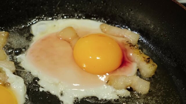 The spoiled egg with yellow yolk and blood spot in it fries with bacon in a hot pan. Fried eggs, morning breakfast, cooking process. Danger of food. Fat unhealthy food. High quality 4k footage.