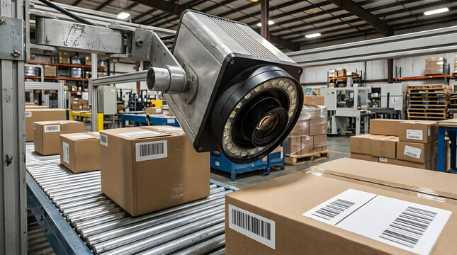 Automated Machine Vision Camera Scanning Barcode Box on Warehouse Conveyor | Smart Industrial Camera Monitoring Cardboard Boxes on Roller Conveyor | High Tech Automated Package Sorting and Inspection 