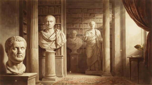 Vintage sepia classical library interior, ancient Roman stone busts and statues, classic dark academic study setting