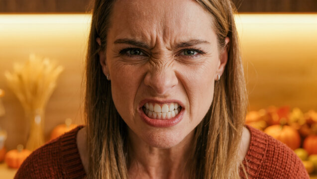 Furious woman baring teeth in kitchen with autumn decor