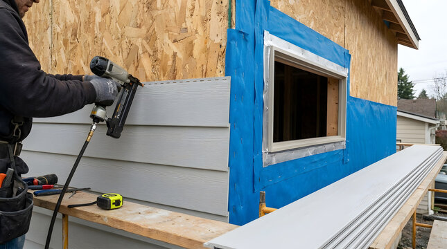 Worker Installing Vinyl Siding with Pneumatic Nail Gun on House Exterior | Carpenter Attaching Exterior Wall Siding Panels During House Construction | Building Construction Worker Installing Weatherpr