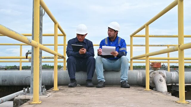 Engineering Team Analyzing Technical Data and Pipeline Systems at Industrial Facility