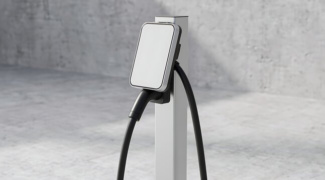 Modern electric vehicle charging station with cable on a pedestal in a minimalist concrete parking garage, smart EV charger technology for sustainable transportation mockup.