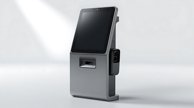 Modern self-service kiosk terminal with touch screen and integrated card reader slot, interactive digital hardware for retail, payment, or information services on light studio background.