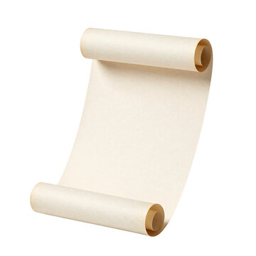 Unrolled parchment scroll with wooden ends and shadow on white background