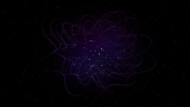 Abstract background with glowing purple wave lines and floating particles