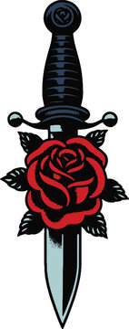 Classic tattoo style dagger with red rose on black hilt, traditional bold outline vector icon for biker club logo or skin ink design, nautical knife motif.