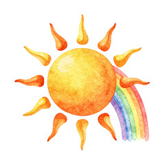 Obraz premium Watercolor sun with colorful rainbow rays on a white background