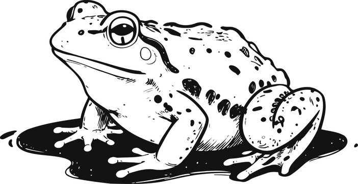 Black and white illustration of a toad sitting in a shallow puddle with detailed textured skin