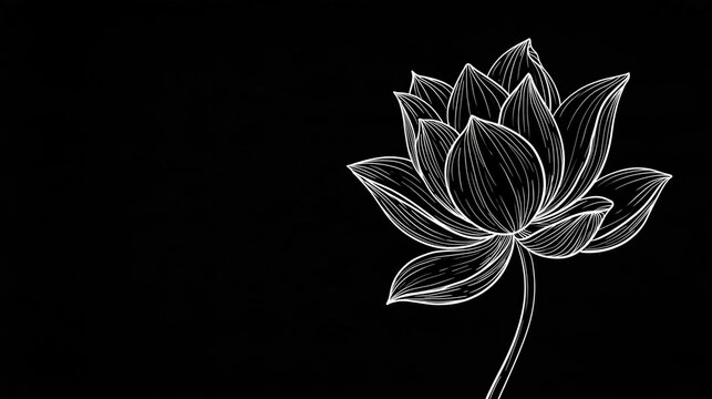 Growth and mindfulness illustrated by minimalist white lotus line art on black background