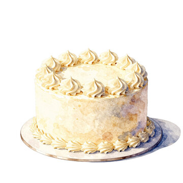 Watercolor style cake with swirls of cream frosting on a white background