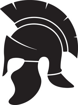 Black silhouette of a roman or greek centurion helmet with a large crest and protective face guard isolated on a white background, also transparent background