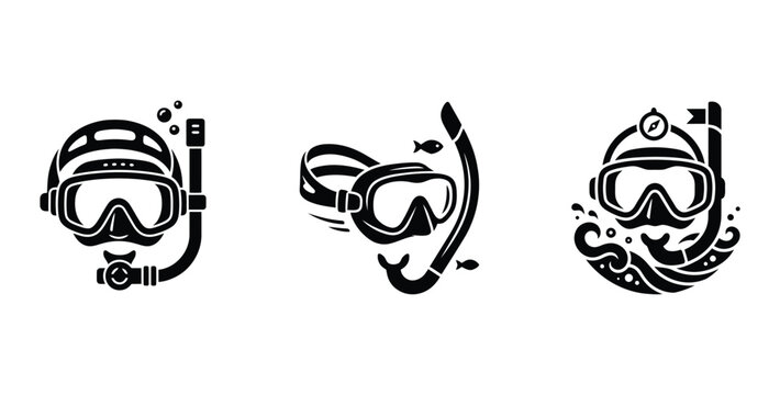 scuba diving masks and snorkeling gear icons isolated on transparent background